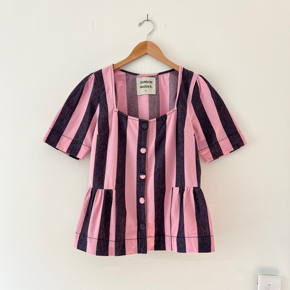 Damson Madder Tops - Damson Madder UK 14/US 10 Philly Peplum Blouse Pink Denim Stripe